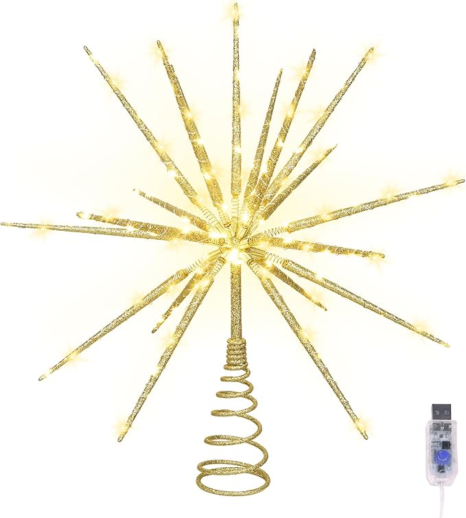 HMASYO 15 Inch Twinkling Starburst Christmas Tree Star Topper, 19-Point Gold Star Tree Topper with 150 LED, Remote Control & Timer, USB Power for Indoor Home Holiday Party Xmas Tree Decoration