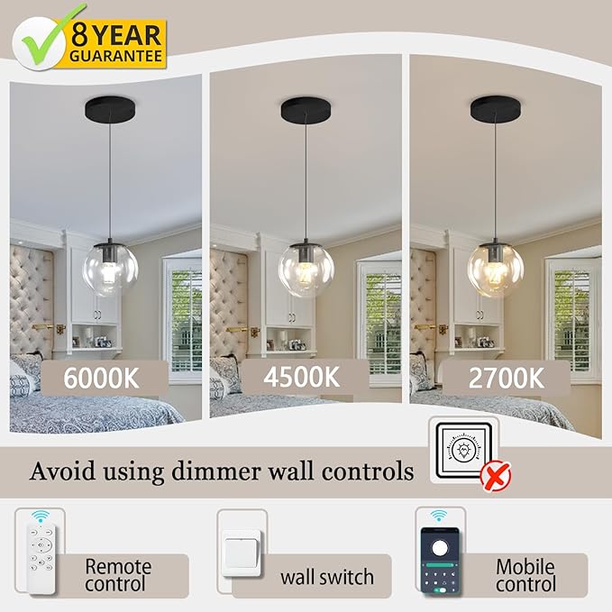 Globe Pendant Light Black Pendant Light Fixtures with Clear Glass 1-Light Hanging Lights for Kitchen Dining Room Bathroom Bedroom Hallway