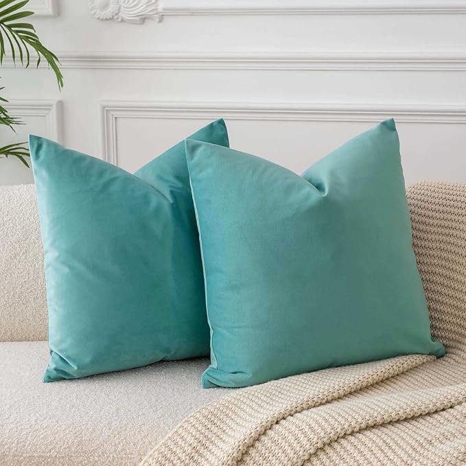JUSPURBET Throw Pillow Covers Set of 2 Decorative Velvet Pillow Covers for Couch Sofa Bed Soft Euro Cushion Covers Cases with Invisible Zipper for Living Room Home Decor 28x28 inch,Teal Green