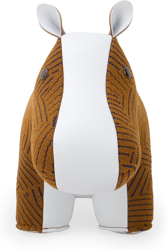 Zuny Artist Edition Hippo Bookend – Kvadrat Razzle Dazzle, Ecofriendly Handmade Leather Single Book Stopper, Decorative Home Decor for Bookshelf Desk, Tan White, 11 x 4.3 x 7.4