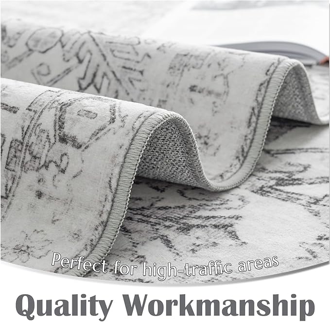 jinchan Lima Hallway Runner Rug 2x10 Washable - Vintage Floral Non Slip Low-Pile Soft Ultra-Thin Faux Wool Kitchen Rug Distressed Carpet Runner for Farmhouse Bedroom Laundry (2x10ft, Grey)