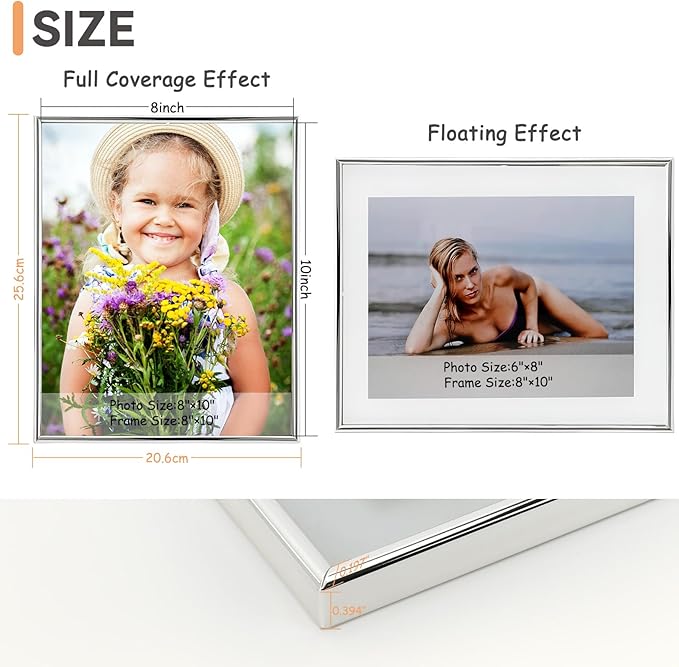 Wall Floating Frame, 8"×10", Silver, Wall Mounting or Wall Leaning, For Photo 6×8, 5×7, 4×6, Classy For Festival, Anniversary, Wedding, Home or Office Décor
