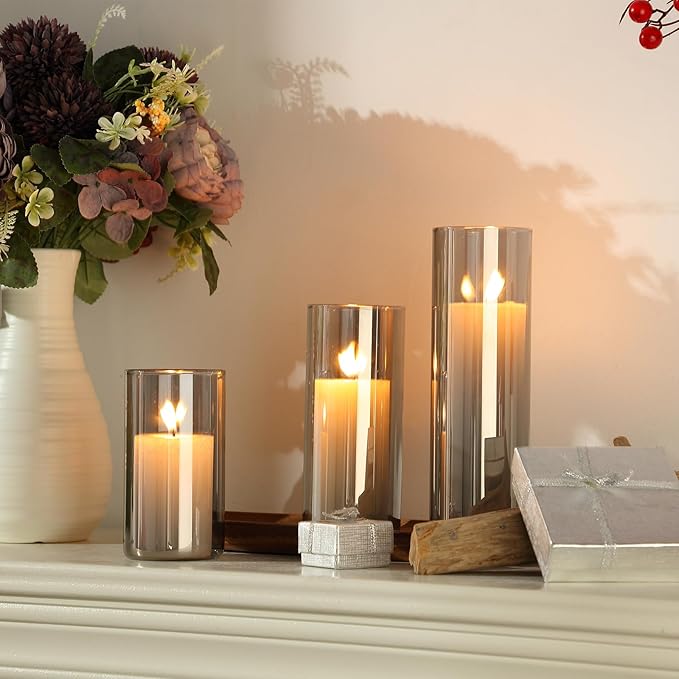 Shihanee 36 Pcs Pillar Candles and Glass Cylinder Vases Tall Cylinder Holders for Pillar Candles Wedding Centerpieces, Total 18 Sets(2.6'' X 4.7'', 5.9'', 7.9'',Smoke Gray,White)