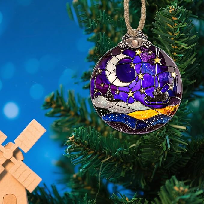 Stained Glass Christmas Decorations,Purple Night Scene with Stars Moon Suncatcher for Window Christmas Tree Hanging Ornaments Sun Catcher Xmas Decor Gifts for Women Men Mom Nana Friend