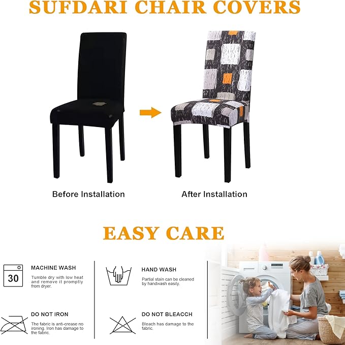 Sufdari Dining Chair Covers,Kitchen Chair Cover,Parsons Chair Slipcover,Spandex Chair Protectors for Dining Room Stretch Chairs Cover Set of 6 -Orange Square