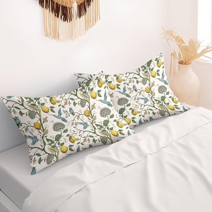 Lemon Tree Pillow Covers 18x18 Inch Vintage Blue Birds Print Pillow Protectors with Zipper Standard Size Rustic Nature Floral Botanical Pillowcases Antique Midcentury Modern Bed Pillow Covers Set of 2