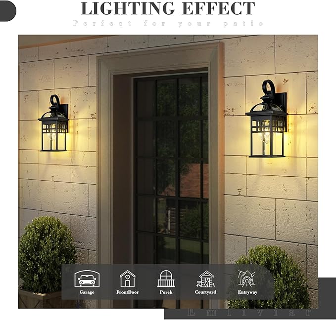 Emliviar 2 Pack Outdoor Light Fixtures Wall Mount, 15" Modern Outdoor Sconce Lights for House, Black Finish with Seeded Glass, DE281-2PK BK