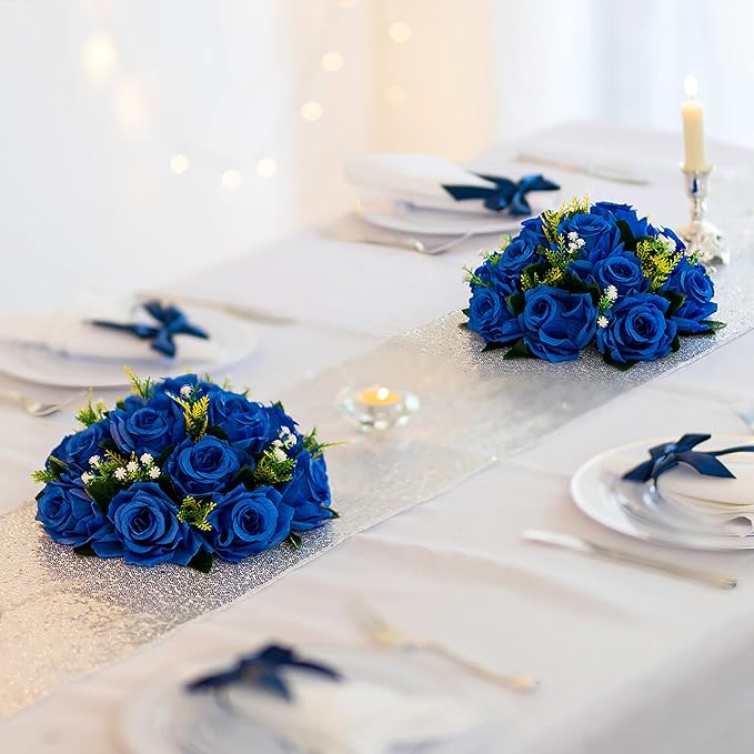 BLOSMON Royal Blue Flowers for Decoration: 10 Pcs Fake Roses Kissing Balls for Wedding Table Centerpieces - Artificial Floral Arrangements Home Baby Shower Birthday Party DIY Decor