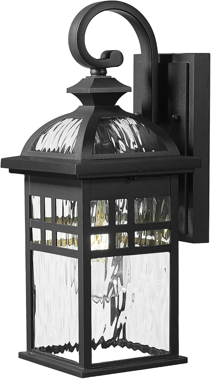 Emliviar Farmhouse 15 Inch Patio Wall Light Fixture, 1-Light Outdoor Wall Light with Water Ripple Glass, Black Finish, DE281B BK-WP