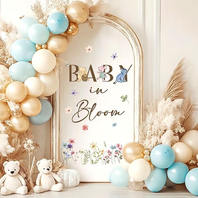 Baby in Bloom Baby Shower Sign, Winnie Wall Decals Stickers, Welcome Stickers Decoration for Arch Backdrop, Gender Reveal Winnie Decor for Nursery Home Wall