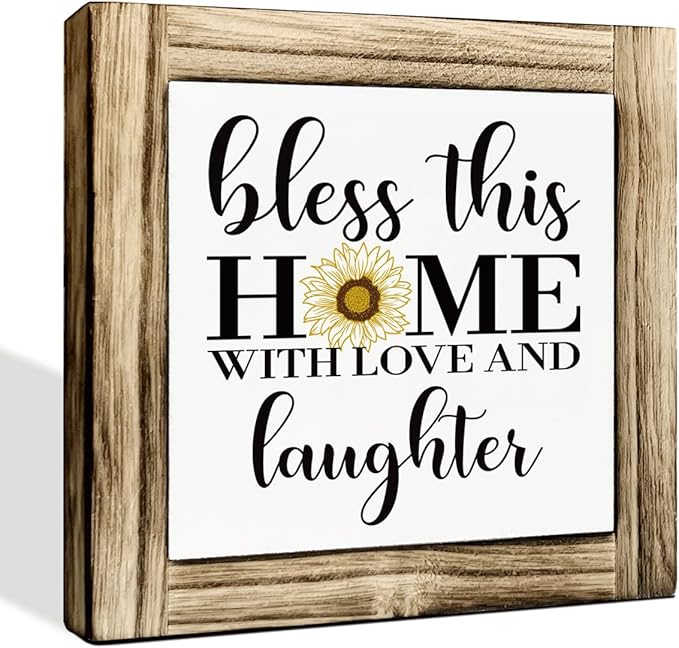 Inspirational Home Signs, Decorative Wooden Box Signs, Farmhouse Desk Sign Decor, Christian Homes Decor, Living Room Decors, Bless This Home with Love and Laughter Sign, 5.9×5.9 inches