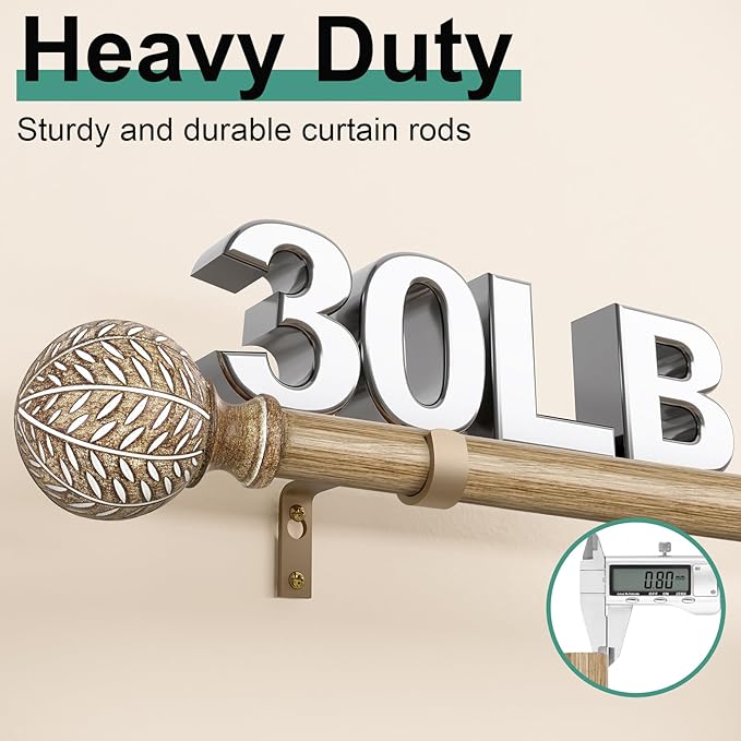 2 Pack Wood Curtain Rods for Windows 48 to 84 Inch,1'' Diameter Drapery Rods with Imitation Wood Grain Leaf Pattern Finials,Boho Adjustable Heavy Duty Curtain Rods Set,36-88'',Weathered Wood