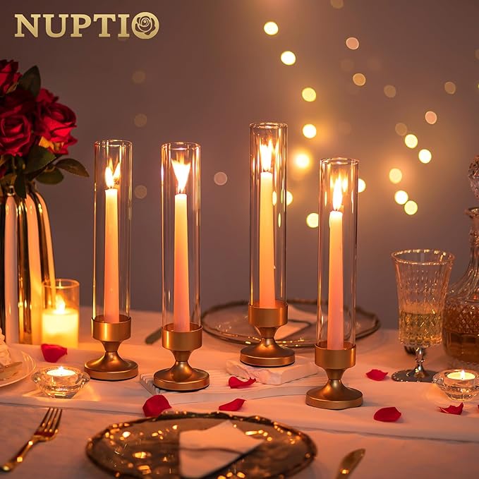 NUPTIO Hurricane Candle Holder for Centerpiece: Set of 2 Metal Taper Candle Holders with Glass Cylinders - Gold Candlestick Holders for Birthday Valentine Dinner Table Decor