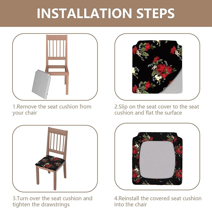 Stretch Dining Chair Seat Covers Set of 8,Dining Chair Slipcovers, Floral Printed Chair Covers,Soft Fabric Washable Upholstered Chair Seat Protector, No Rear Covers for Home Kitchen Dining Room