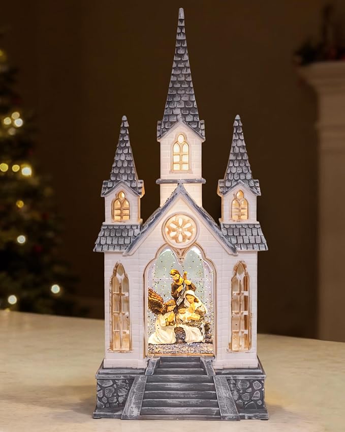 Large Christmas Church Nativity Snow Globe Light up Snowglobe with Music, 9.84" White Christmas Snow Globes for Kids Adults, 6H Timer & Dual Power, Angle Snowglobes Christmas Decorations Indoor