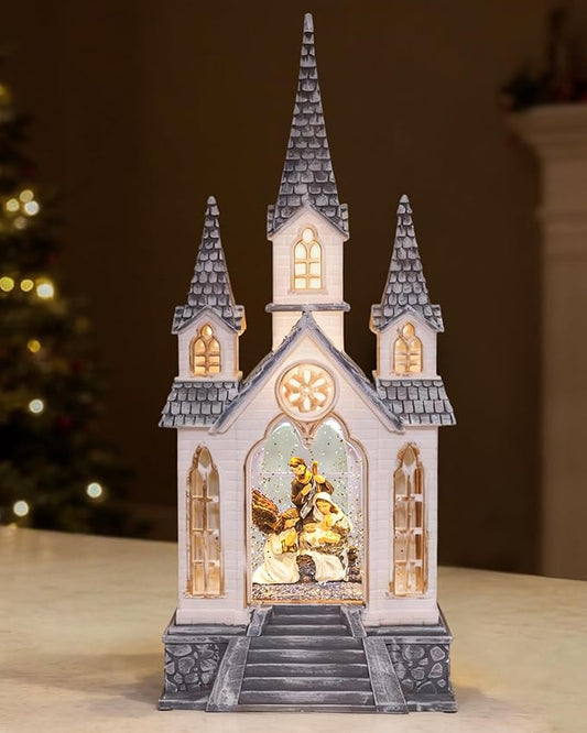 Large Christmas Church Nativity Snow Globe Light up Snowglobe with Music, 9.84" White Christmas Snow Globes for Kids Adults, 6H Timer & Dual Power, Angle Snowglobes Christmas Decorations Indoor