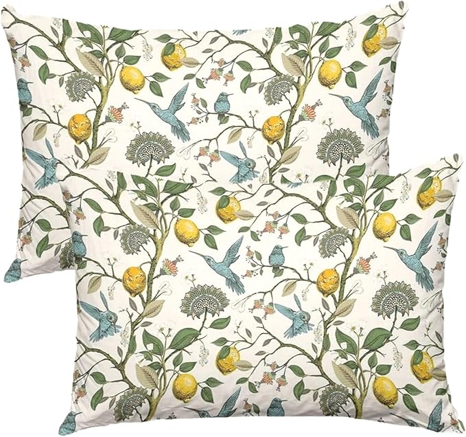 Lemon Tree Pillow Protectors with Zipper Standard Size Vintage Blue Birds Print Pillow Covers Set of 2 Rustic Nature Floral Botanical Pillowcases Antique Midcentury Modern Bed Pillow Covers 30"x20"