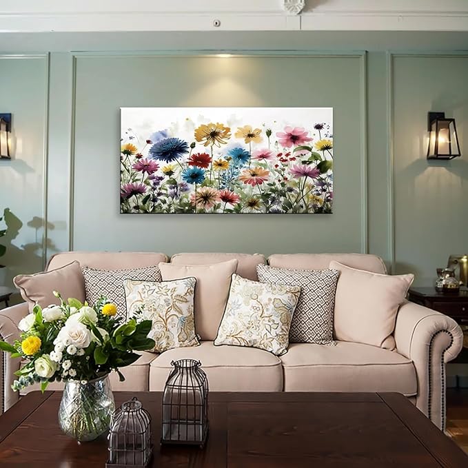 KZKU Flower Wall Art Canvas Prints Home Decor for Living Room Dining Room Bedroom Office Bathroom Multi-colored Watercolor wildflowers Pictures Wall Decor 20" x 40" Artwork