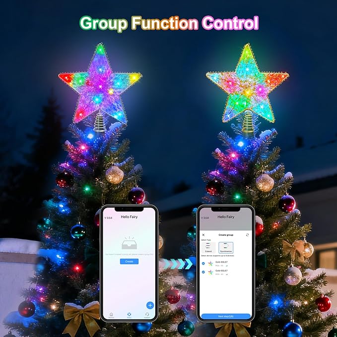 Christmas Tree Star Topper, LED Tree Decorations, UL Certified Colorful Star Tree Topper Lights for Home Garden USB Plug in Xmas Tree New Year Holiday, APP and Remote Control, DIY Dimmer(Gold)