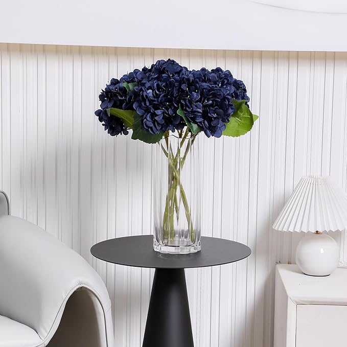 Kimura's Cabin 6pcs Navy Blue Artificial Silk Hydrangea Flowers Fake Hydrangeas with Stems Hydrangeas Bouquet for Wedding Home Halloween Party DIY Dining Table Decoration（Navy Blue）