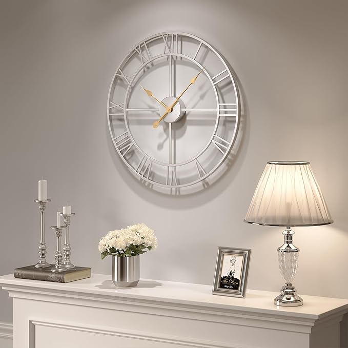 Cuspin Silver Wall Clock for Living Room Decor, 24 Inch Large Metal Wall Clock Modern Luxury Roman Numeral Analog Battery-Operated Round Decorative Clocks for Bedroom, Kitchen, Office