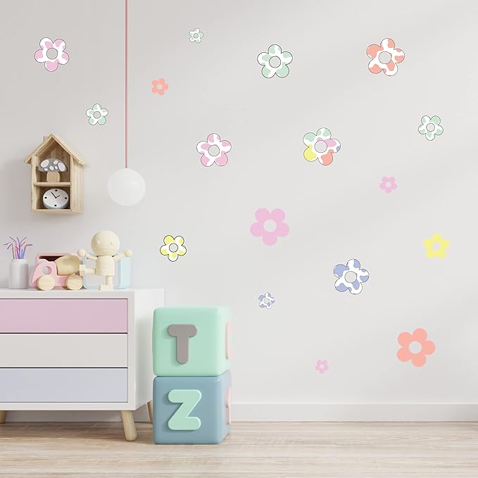 Decalcomania Pastel Flowers Wall Decor by Jessica Stempel - Set of 22 Danish Pastel Room Decor Flower Wall Decals Removable Peel and Stick Wall Stickers - Floral Aesthetic Room Decor