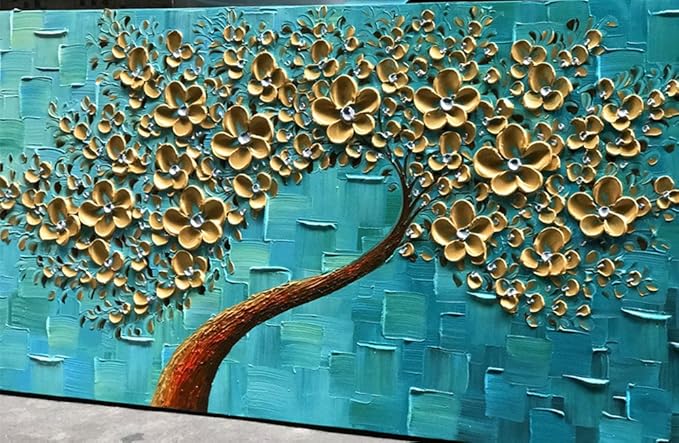 YaSheng Art - Handmade 3D Golden Flowers Artwork Oil Painting On Canvas Texture Palette Knife Flowers Tree Abstract Landscape Paintings Modern Home For Living Room Bedroom Decor Wall Art 20X40 inch