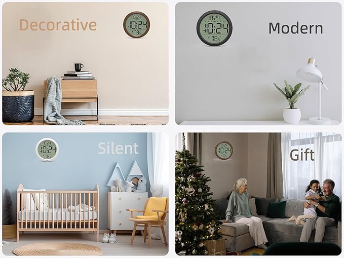 Digital Wall Clock with Date, Indoor Temperature, Auto-DST, Battery-Operated Digital Clock, 8 Inch Small Decorative Wall Clock for Bedroom, Living Room, Home, Kitchen, Office, Modern, Electric, Simple