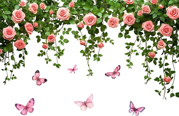 Rose Vine and Butterfly Wall Decals Stickers — Elegant Pink Roses and Flying Butterflies Removable Vinyl Wall Decor for Living Room, Bedroom, Office, Garden Theme Decoration