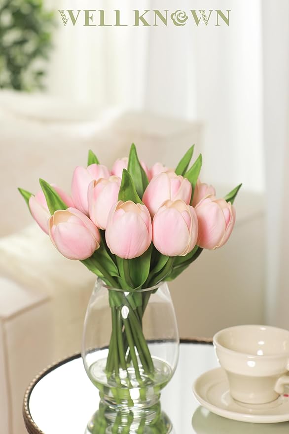 WELL KNOWN 12 Pcs Tulips Artificial Flowers in Vase, Real Touch Tulips with Vase with Upgrate Acrylic Water Flower Arrangements Centerpiece for Dining Room Table Decoration（Pink）