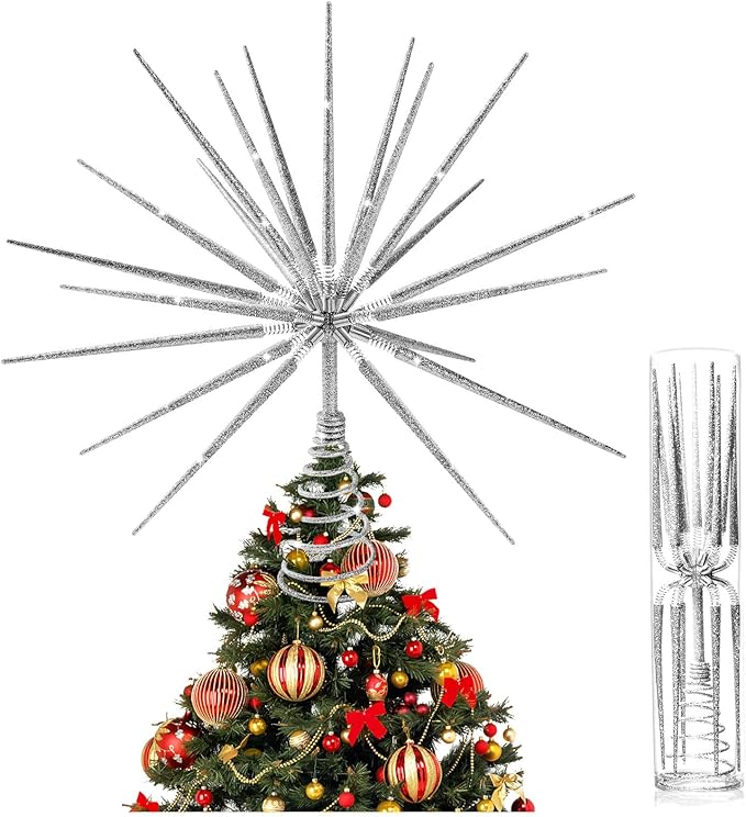 Silver Christmas Tree Topper 13.7 Inch - No DIY Silver Star Burst Tree Topper, Exploding Star Christmas Tree Decorations