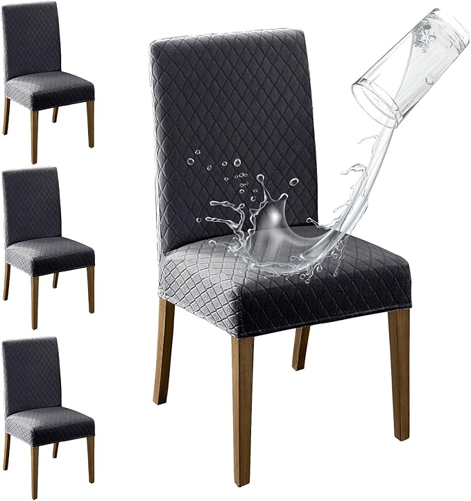 MOSAYT 100% Waterproof Dining Room Chair Covers Set of 4, Super Fit Stretch Jacquard Parson Chairs Slipcovers Removable Washable Chair Seat Protectors for Home, Kitchen, Banquet (Dark Grey - XL)