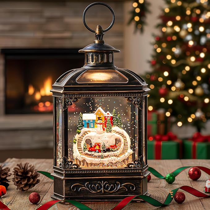 Christmas Snow Globe Lantern Water Glittering Snowman & Train with Music, USB Lined/Battery Operated Lighted Lantern for Christmas Festival Decoration Gifts