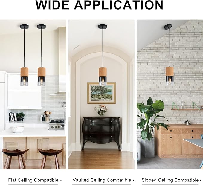 Modern Pendant Lights for Kitchen Island, Adjustable Black Pendant Light Fixtures with Raw Wood Grain, Industrial Glass Pendant Lights for Dining Table Hallway Bedroom Living Room,1 Pack