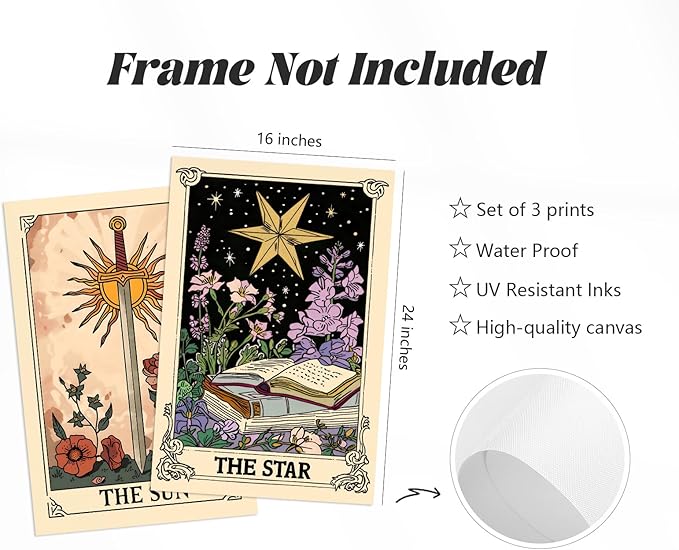 Pouydmi Tarot Card Wall Art Sun Moon Canvas Wall Decor Mystical Astrology Wall Art Boho Celestial Prints Star Skull Poster Tarot Card Picture for Living Room Bedroom 16x24x3 Inch Unframed