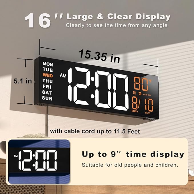 JALL 16" Large Digital Wall Mount Clock, Count Down Timer, Alarm, Big LED, RGB Color, DST, Temperature for Living Room Classroom Desk, Xmas, Birthday Gift for Senior Mom Dad (White Orange, 16 inches)