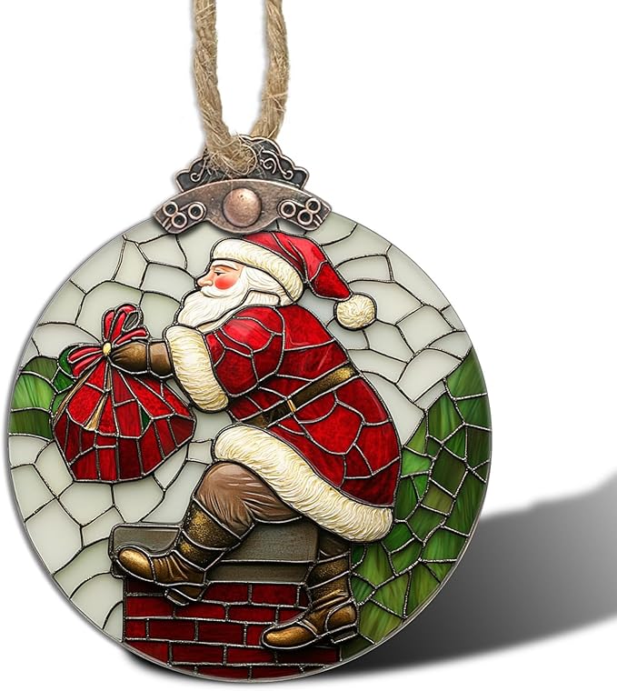 Stained Glass Christmas Decorations, Santa Claus Climbing The Chimney Suncatcher for Window Christmas Tree Hanging Ornaments Sun Catcher Xmas Decor Gifts for Women Men Mom Nana Friend