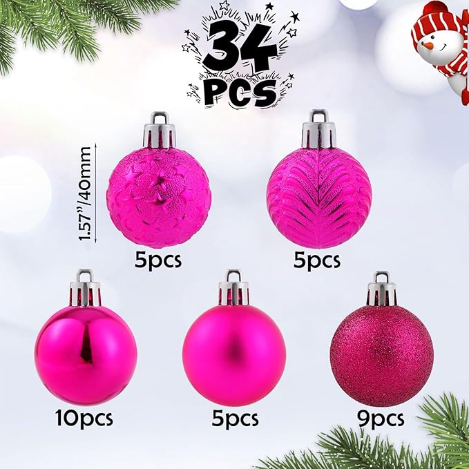 34ct Fuchsia Pink Mini Christmas Ball Ornaments Shatterproof Plastic Christmas Tree Decorations for Xmas Party Home Office Holiday Decor -Small Size (1.57"/ 40mm)