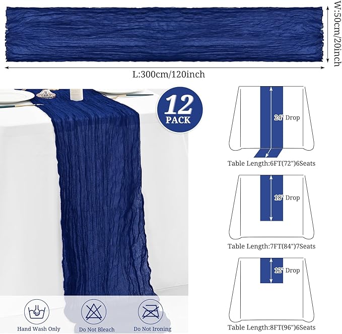 12 Pack Royal Blue Cheesecloth Table Runner,10FT Gauze Boho Cheesecloth Table Runners 20x120inch Rustic Cheese Cloth Table Runner for Wedding Party Bridal Shower