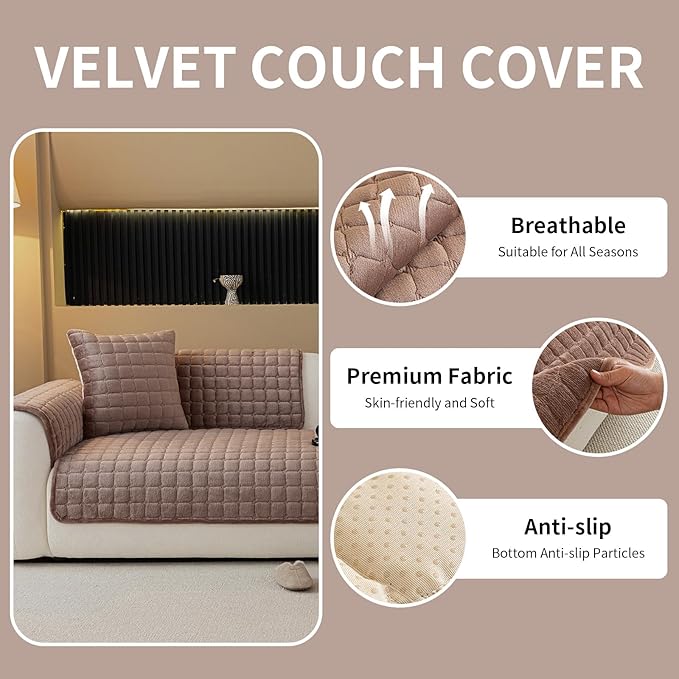 Velvet Couch Cover, Plush Sectional Sofa Cover Washable, Anti Slip Sofa Slipcover for Armrest & Backrest, Furniture Protector Covers for Pets & Kids(1PC, Black, 35.4"×35.4", Single Seater)