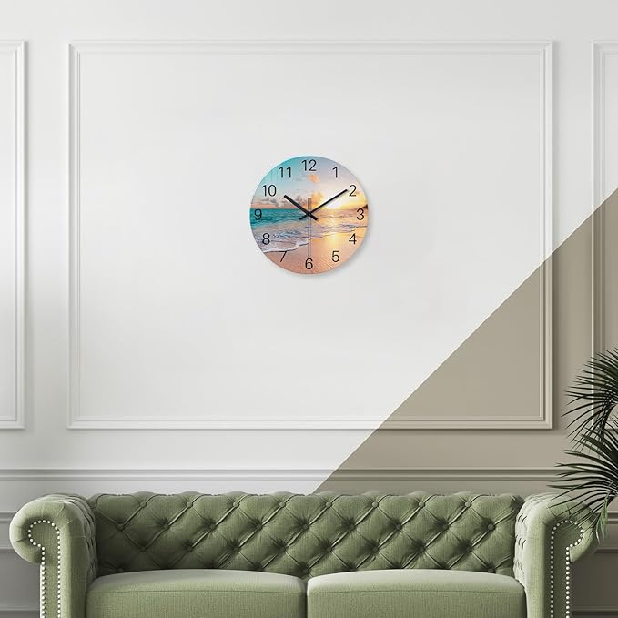 Beach Coastal Wall Clocks Battery Operated Analog Round Wall Clock for Living Room Decor 14 Inch Blue Glass Silent Wall Clock