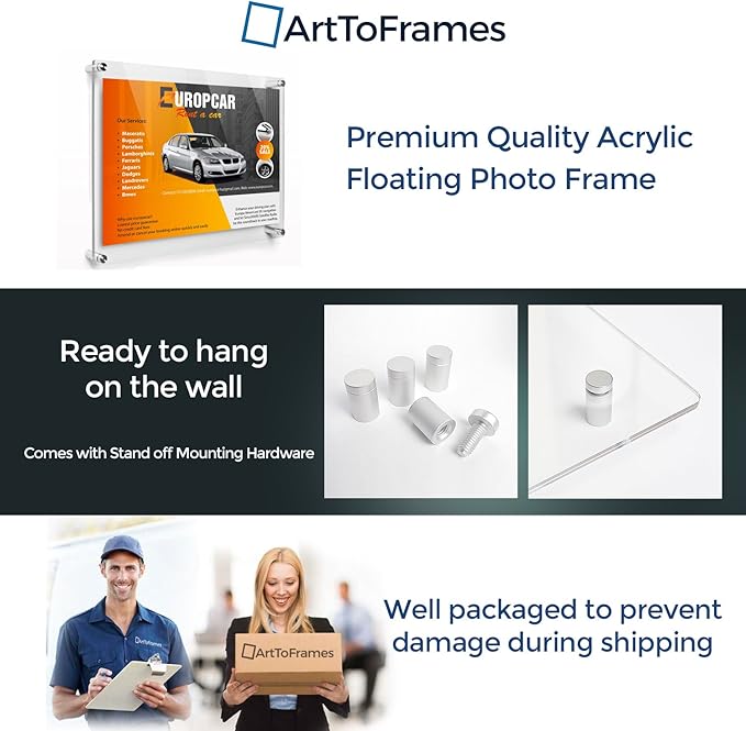ArtToFrames Floating Acrylic Frame for Pictures Up to 11x14 inches (Full Frame is 15x18) with Muted Chrome Standoff Wall Mount Hardware, Acrylic-109-11x14-70