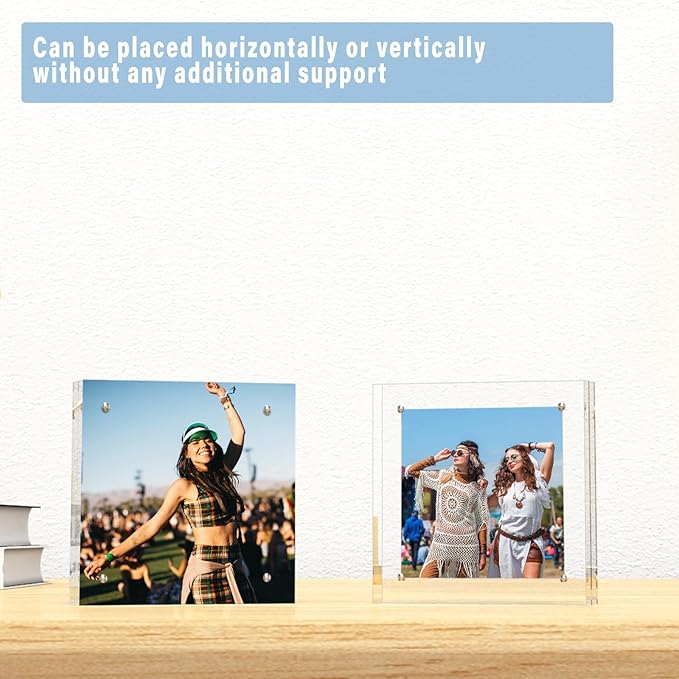 HELPLEX 2 Pack 6x6 Acrylic Picture Frames, 24mm Thicker Square Frameless Clear Frame Double Sided Magnetic Frame, Free Standing Desktop Display Stand