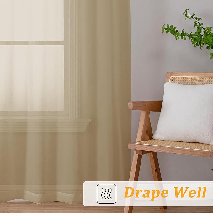 Gwine Taupe Sheer Kitchen Curtains 36 Inch Length, Light Filtering Voile Soft Airy Small Cafe Curtains, Short Window Curtain for Bathroom Basement, 42x36 inch, 2PCS