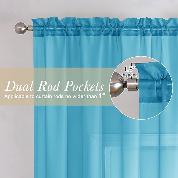 Lecloud Turquoise Sheer Curtains 63 Inch Length 2 Panels, Light Filtering Voile Airy Drapes for Bedroom Windows, Dual Rod Pocket Living Room Sheer Curtains, 40 W x 63 L Inches