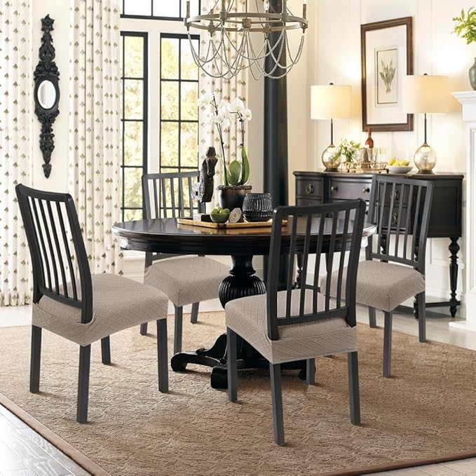 SearchI Stretch Dining Chair Seat Covers Set of 4, Soft Removable Washable Seat Covers for Dining Chairs, Dining Room Seat Cover Protector (Rear-Covered, Khaki Jacquard)