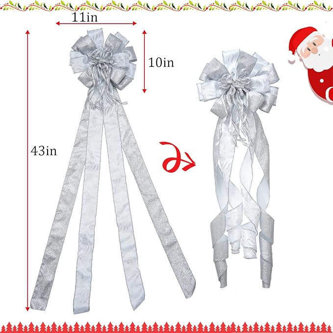 Christmas Tree Topper Bow, 43" Christmas Wreath Bows Silver and White Ribbon Ornaments with Tassels Snowflakes and Glitter, Home Decor for Holiday Xmas Decoration Home Parties Wedding Gift