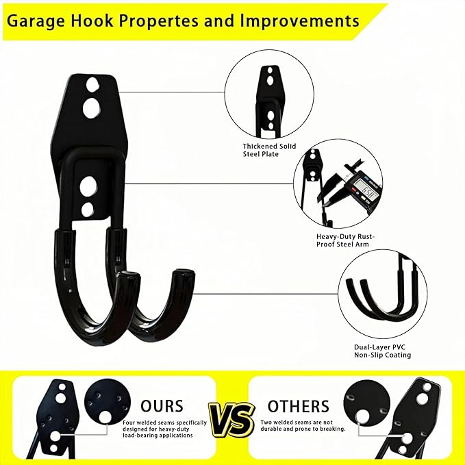 6 Pack Garage Hooks Heavy Duty, Steel Utility Ladder Hooks for Hanging Tools,Bikes, Hoses and Ropes - Wall Mount Organizer with Anti-Slip Coating（2.8in）