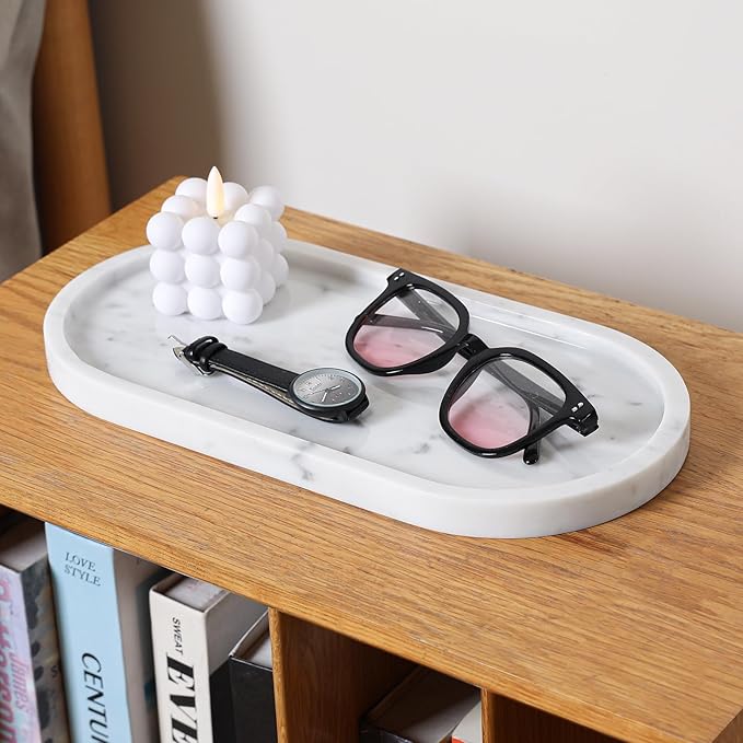 Carrara White Marble Tray, 2 Pcs, Marble Vcnity Tray, Bathroom, Decor for Trinket Perfume Jewelry Candle, 12 Inch Oval
