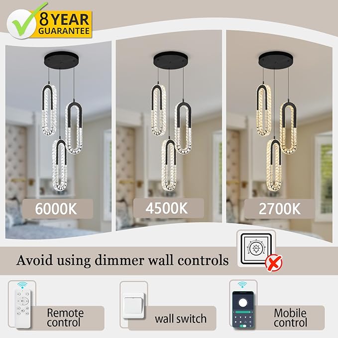 3-Light Pendant Lighting,Dining Room Chandelier Light Fixture Modern Hanging Chandeliers for Hallway Entryway Bedroom Kitchen Island (Black Crystal Chandelier)